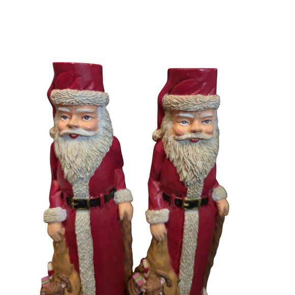 Vintage Santa candle stick holders carved Wood look Christmas candlestick set - Picture 8 of 10